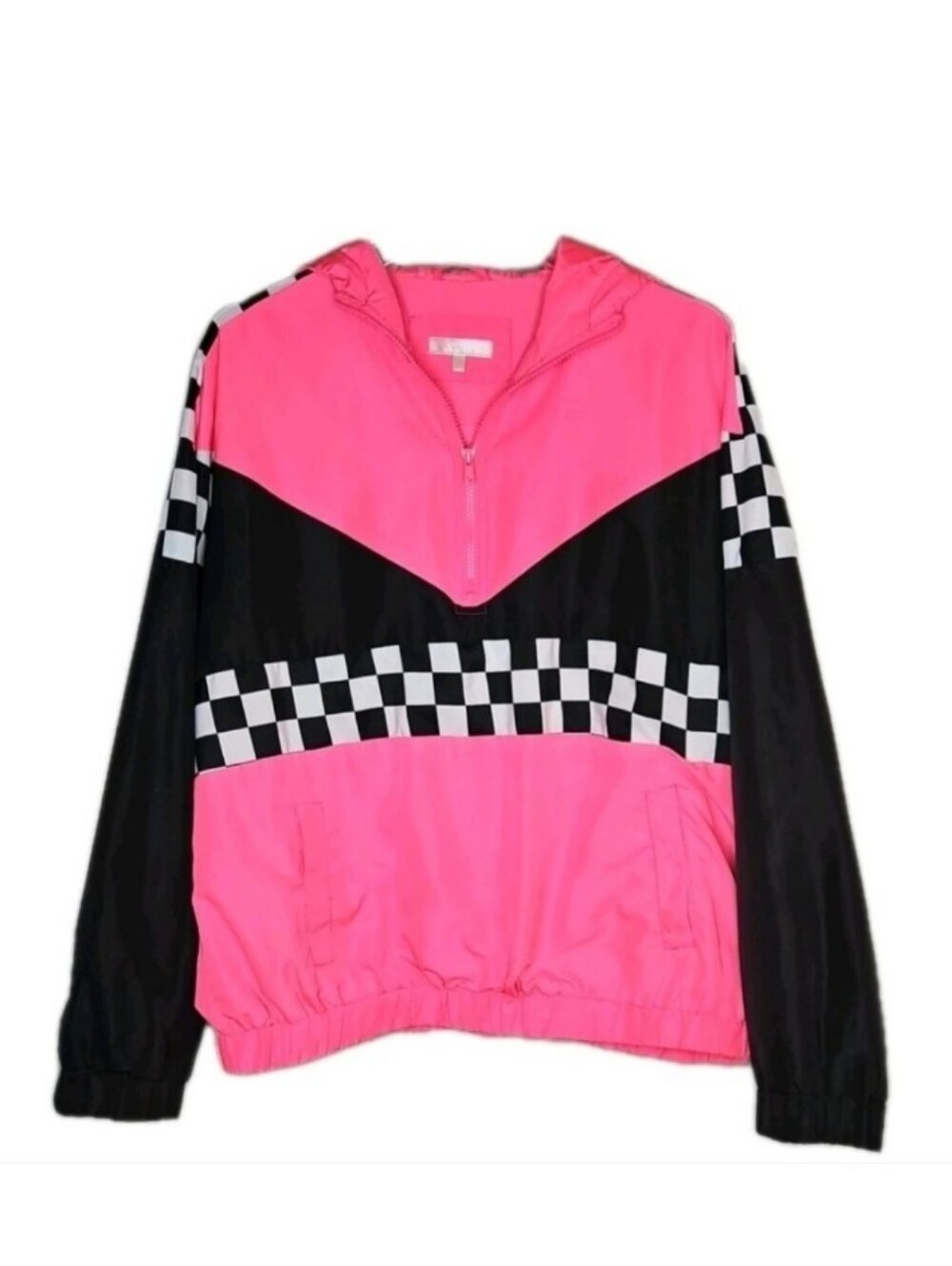 Vintage Mark Edwards Hot Pink Black Racing Checks 1/4 Zip Windbreaker Jacket
